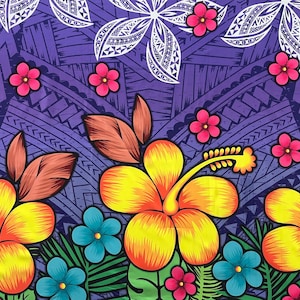 May include: Purple fabric with a Polynesian design featuring yellow, orange, and pink hibiscus flowers. The fabric has a gradient effect, fading from dark purple to light purple.