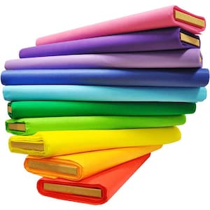 May include: A stack of ten colorful fabric rolls in various shades of pink, purple, blue, green, yellow, and orange. The fabric rolls are neatly stacked on top of each other, with the pink roll on top and the orange roll on the bottom.