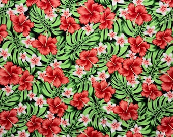 All Over Hibiscus Plumeria Flowers & Monstera leaves Fabric | Cotton