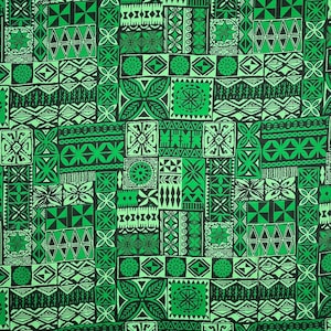 May include: Green and black patterned fabric with a repeating geometric design. The pattern features various shapes, including triangles, squares, and circles.