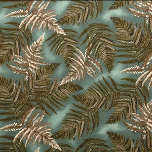 May include: A seamless pattern featuring a repeating design of brown and beige fern leaves on a teal blue background.