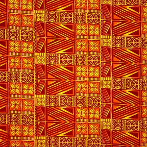 May include: A seamless pattern with a geometric design in shades of orange and yellow on a red background. The pattern features repeating squares and triangles.