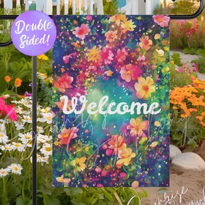 Welcome Colorful Flower Lovers Fantasy Floral Yard Art Garden Flag, Outdoor Decor, Double-Sided 12&quot;x18&quot; Welcome Entry Flag, Garden Flag Gift