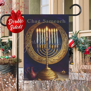May include: A double-sided garden flag with a menorah and candles, with the text "Chag Sameach" on the front. The flag is blue with gold accents.