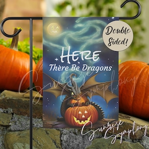 Here There Be Dragons Fantasy Halloween Double-Sided 12&quot;x18&quot; Hanging Garden Flag, Outdoor Halloween Decor, Dragon Pumpkin Fall Yard Art Gift