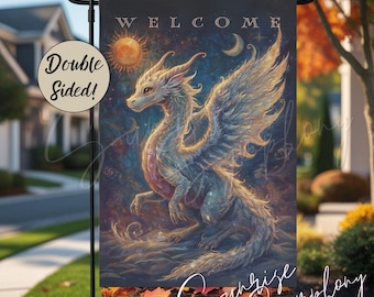 Dragon Welcome Hanging Garden Flag, Fantasy Lover Outdoor Dragon Art Decor, Mythical Realm Yard Art, Housewarming Gift, Double-Sided 12"x18"