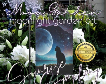 Enchanted Moonlight Moon Garden Celestial Cat 12"x18" Double-sided Hanging Garden Flag, Spring Outdoor Yard Art Decor Gift for Moon Gardener