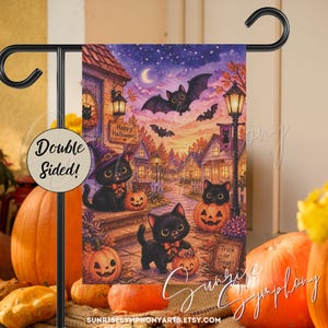 Trick or Treat Kittens Double-Sided 12"x18" Halloween Hanging Garden Flag, Cute Cats Bats Kid Friendly Halloween Outdoor Decor Fall Yard Art