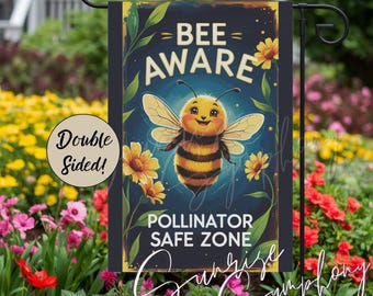 Bee Aware Pollinator Garden Flag, 12"x18" Double-sided Chemical-Free Garden Marker Sign, Wildflower Gardens Pollinator Flag, Bee Lover Gifts