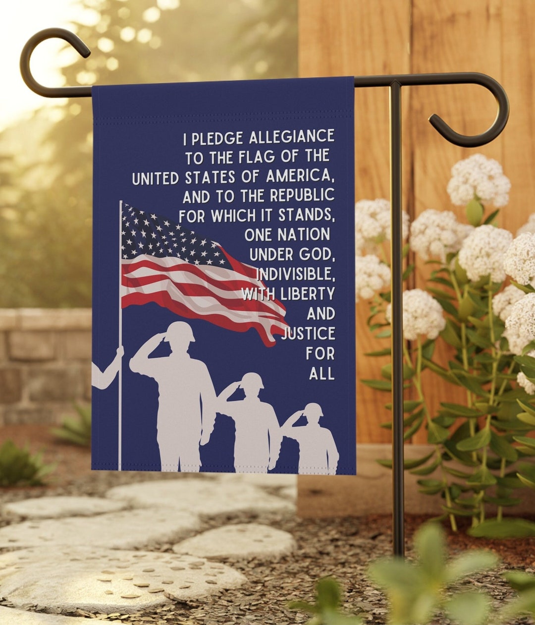 Pledge of Allegiance Saluting Soldiers USA Flag Garden Banner Flag ...