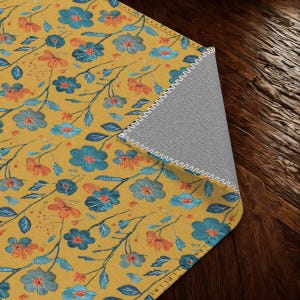Yellow Embroidery Floral Area Rug – Bright Botanical Print Carpet for Living Room, Bedroom, or Boho Home Decor