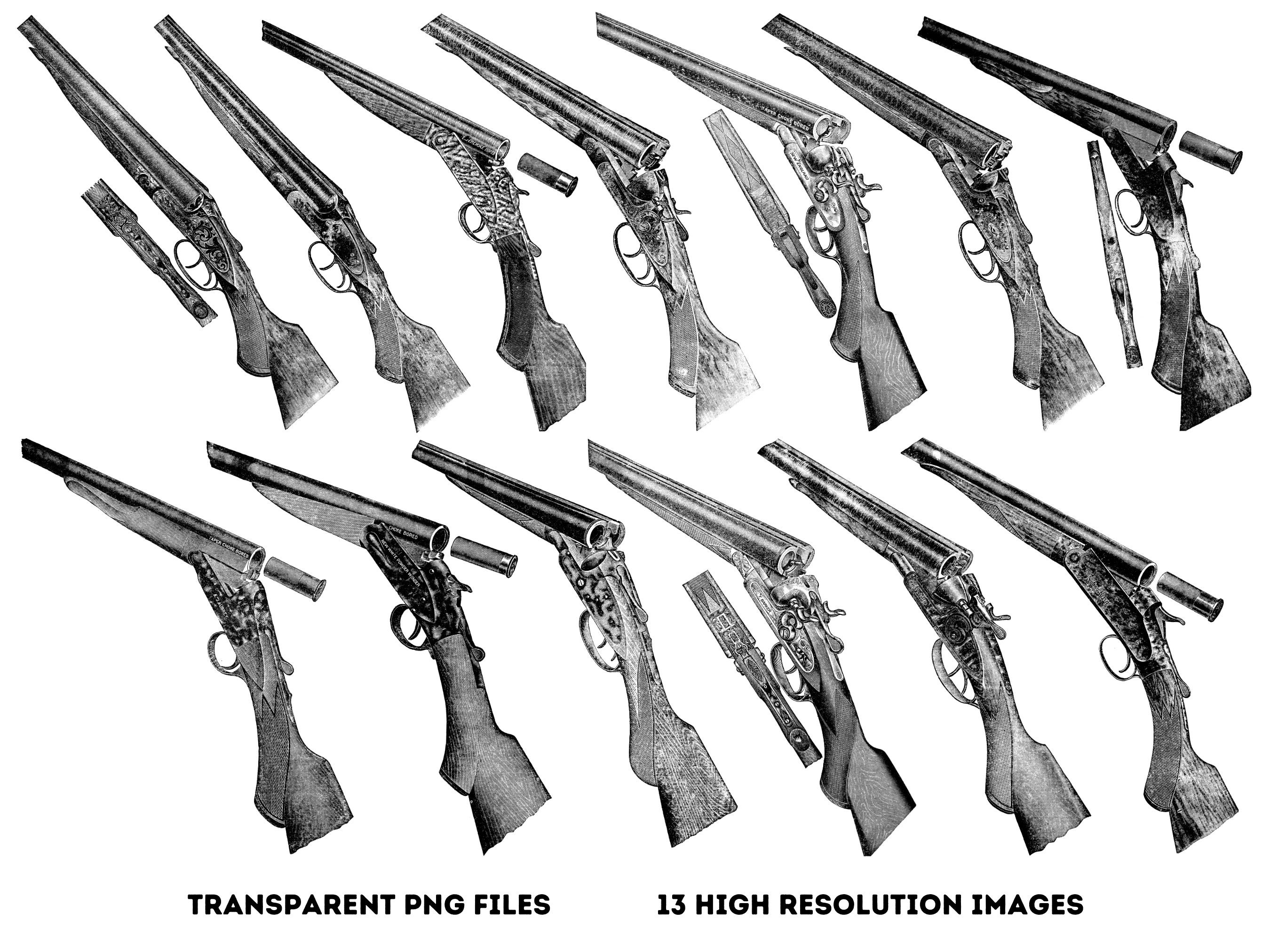 13 Vintage Shotguns PNG / Gun PNG / Firearm PNG / Engraved