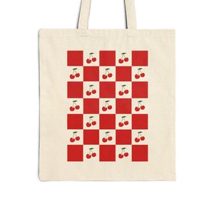 Kirsche karierte Baumwollsegeltuch-Einkaufstasche, karierte Tasche, Picknick-Tasche, Picknicktasche, niedlich, ästhetisch, Kirschtasche, rote Tasche, Obsttasche, Obstdesigntasche