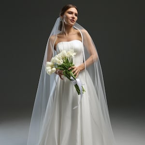 Elegant Satin Edge Wedding Veil - Long Fingertip Bridal Veil with Ribbon Trim | Classic Chapel Veil