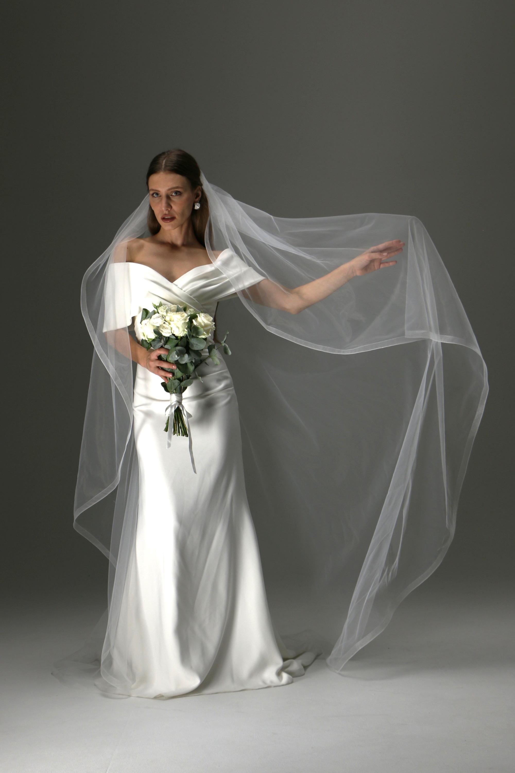 Cathedral length, waterfall, horse hair - Wedding Veil Drop Cathedral Wedding Veil with Horsehair Ribbon & Blusher  main image 2