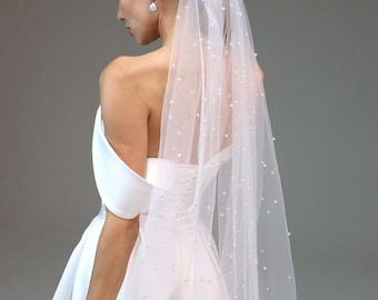 Pearl Wedding Veil, Italian Tulle Bridal Veil, Chapel, Fingertip