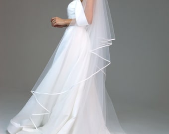Two Tier Wedding Veil with Satin Ribbon Trim | Italian Tulle
