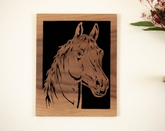 Horse Scroll Saw Cut Handmade Wall Art - Walnut Wood Fretwork Horse Decor