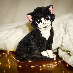 Black and White Kitten Wood Puzzle, Cat with White Socks, Handmade Wooden Kitty Puzzle, Kid and Children Toy, Nursery Room Décor, Home Décor