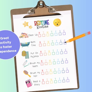 May include: A printable bedtime routine checklist with a rainbow color scheme. The checklist includes tasks like clean up, bath time, put on pajamas, brush teeth, brush hair, and read a story. Each task has a box for each day of the week, Monday through Sunday.