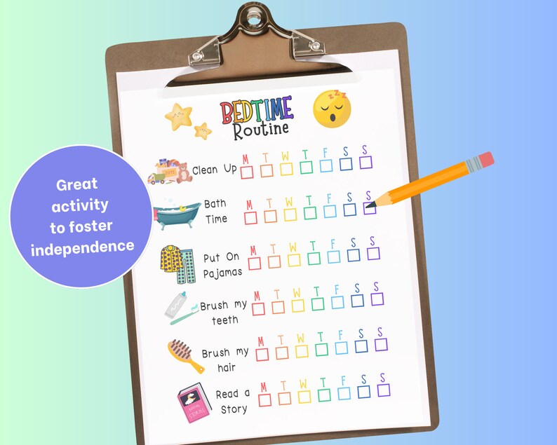 May include: A printable bedtime routine checklist with a rainbow color scheme. The checklist includes tasks like clean up, bath time, put on pajamas, brush teeth, brush hair, and read a story. Each task has a box for each day of the week, Monday through Sunday.