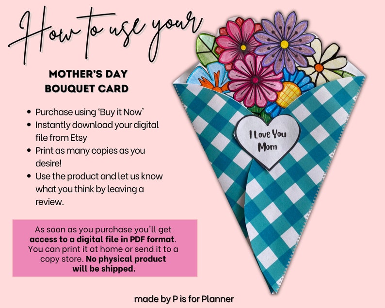 Mother’s Day Bouquet Card, Printable Coloring Card, Paper Craft ...