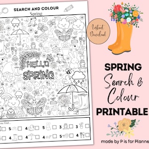 Spring Search and Colour Printable, Colouring Page Activity, I Spy Game for Kids