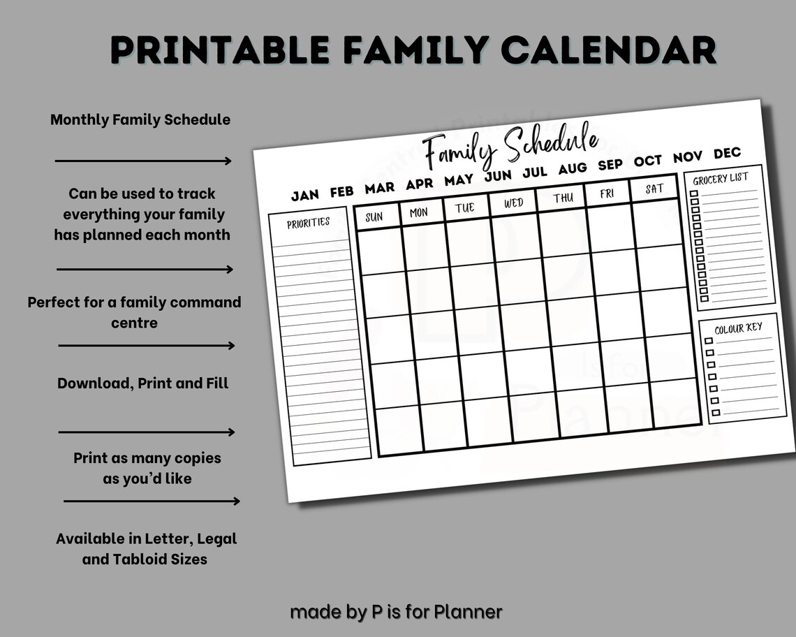 Family Calendar Printable, Monthly Family Schedule, Family Planning