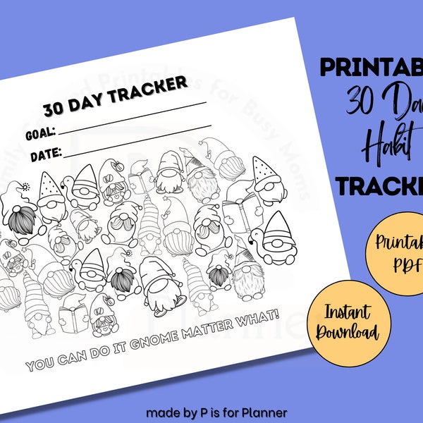 Gnome 30 Day Challenge Printable, 1 Page Monthly Habit Tracker, Goal Organizer, No Spend Challenge, Kid Coloring Page, Daily Fitness