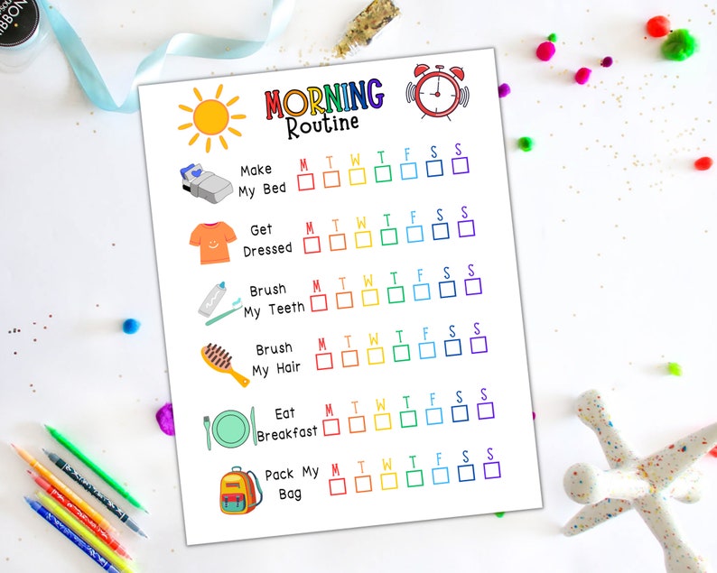 May include: A printable checklist for kids to use as a morning routine. The checklist includes tasks like making their bed, getting dressed, brushing their teeth, brushing their hair, eating breakfast, and packing their bag. The checklist is color-coded for each day of the week.