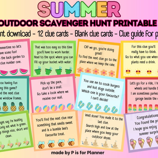 Summer Scavenger Hunt for Kids, Outdoor Summer Treasure Hunt Clues, Fun Summer Games, Printable Kids Activity, Outdoor Summer Game Printable