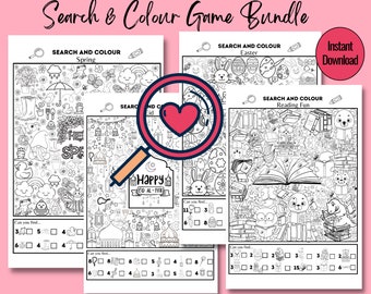 May include: A set of four printable search and color activity sheets. Each sheet features a different theme: Spring, Easter, Eid al-Fitr, and Reading Fun. The sheets are black and white and include a variety of objects to find and color.