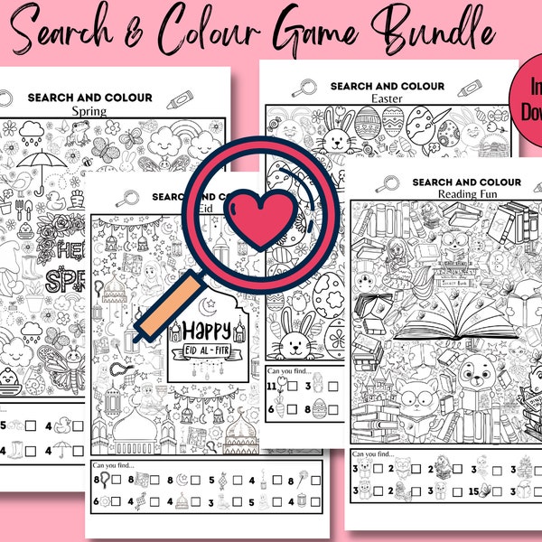 Search and Colour Printable Game Bundle, Seek and Find Kids Activity Pages, I Spy Game and Colouring Sheets