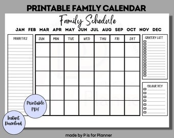 Puede incluir: Un calendario familiar imprimible con un diseño en blanco y negro. El calendario incluye una cuadrícula mensual con espacios para cada día de la semana, una lista de la compra y una clave de color. El texto "Family Schedule" está en la parte superior del calendario.