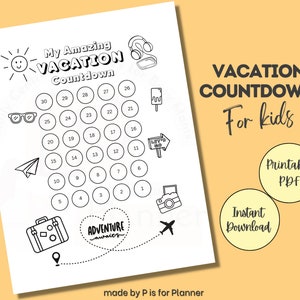 Könnte beinhalten: Ein druckbarer schwarz-weißer Urlaubs-Countdown-Chart für Kinder. Die Tabelle enthält einen Kreis für jeden Tag des Monats mit den Zahlen 1-30. Es gibt verschiedene Urlaubsmotive, darunter ein Koffer, ein Flugzeug, eine Sonnenbrille, ein Eis am Stiel und eine Kamera. Der Text "My Amazing Vacation Countdown" befindet sich oben auf der Tabelle. Der Text "Vacation Countdown for Kids" befindet sich oben rechts auf der Tabelle. Der Text "Printable PDF" befindet sich in einem Kreis unten rechts auf der Tabelle. Der Text "Instant Download" befindet sich in einem Kreis unter dem Text "Printable PDF".