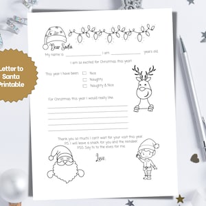 Carta a Papá Noel y página para colorear imprimible, carta infantil a Papá Noel, lista de deseos navideños, plantillas de cartas en inglés y francés