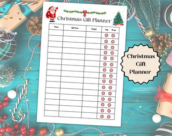 Peut inclure: Planificateur de cadeaux de Noël imprimable avec un design festif mettant en scène une illustration de Père Noël, un sapin de Noël et une guirlande. Le planificateur comprend des colonnes pour le nom, les idées cadeaux, le budget, le sac et l'emballage. Il y a des cases à cocher pour chaque élément.