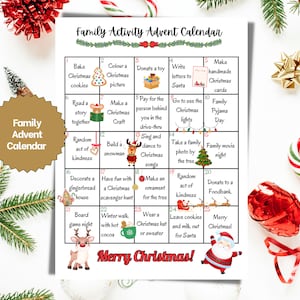 Christmas Countdown Calendar of Fun Family Activities, Printable Family Activity Advent Calendar, Calendar of Family Christmas Activities