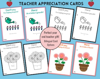 Thank you Teacher Card in English and French, Year End Teacher Gift, Teacher Appreciation Cards