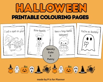 May include: Four black and white printable coloring pages featuring Halloween-themed characters and puns. The characters include a witch, a skeleton, a vampire, and a ghost. The puns are "I put a spell on you!", "Bone-Appetit", "Have a Feng-teetic Halloween!", and "You're so Bootiful!"