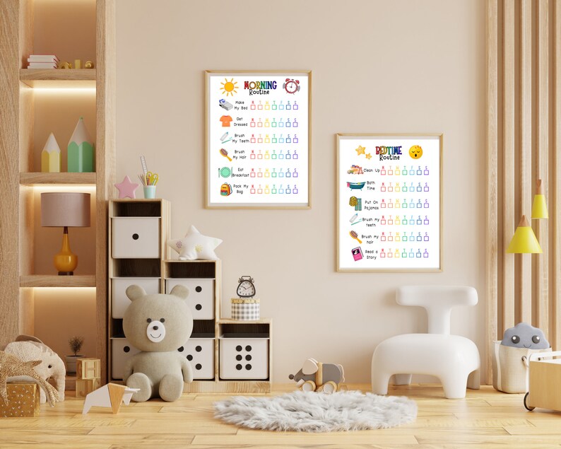 May include: Two colorful printable charts for kids with a morning and bedtime routine. Each chart has a list of activities with check boxes to mark off as they are completed. The charts are decorated with cute illustrations.