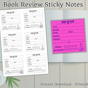Notas adhesivas de revisión de libros, tarjeta de calificación de libros, diario de lectura, rastreador de lectura de libros, plantilla de notas adhesivas, rastreador de objetivos de libros