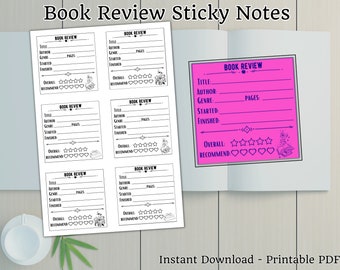 Book Review Sticky Notes, Book Rating Card, Reading Journal, Books Read Tracker, Sticky Note Template, Book Goal Tracker