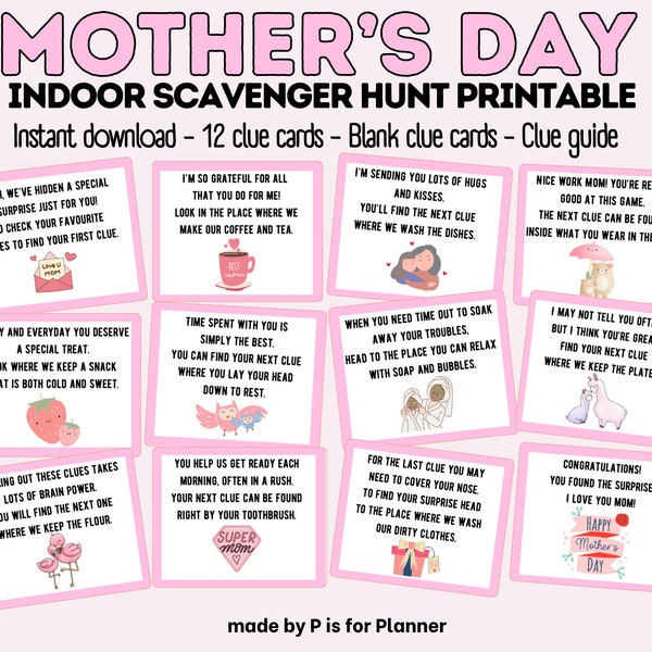 Mother’s Day Scavenger Hunt Clues, Indoor Treasure Hunt for Mom, Gift for Mom, Mothers Day Activity