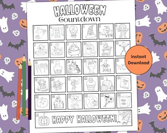 Halloween Countdown Coloring Page, Halloween Printable Advent Calendar, Countdown to Halloween Kids Activity, Days Until Trick or Treat
