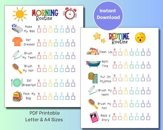 Kids Morning/Bedtime Checklist Printable, Kids Routine Chart, Checklist Template