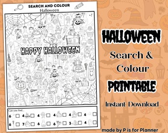 Halloween Search and Color Printable, Halloween Colouring Activity Page, I Spy Game, Kids Activity