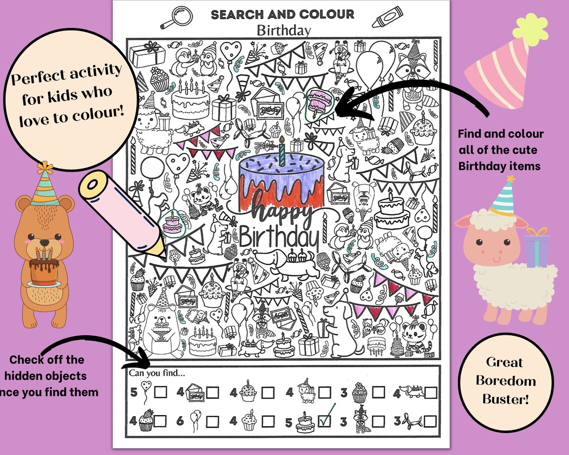 Birthday Search and Colour Printable, Birthday Party Coloring Page, I
