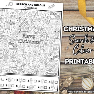 Peut inclure: Feuille d'activité imprimable sur le thème de Noël en noir et blanc avec le texte "Search & Colour" et "Merry Christmas". La feuille présente diverses illustrations de vacances, dont le Père Noël, des ornements et des cadeaux. Une section "Can you find..." est en bas.