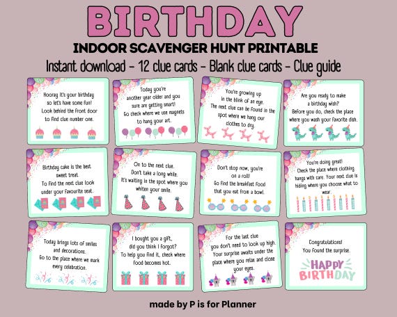 Happy Birthday Treasure Hunt Clue Cards Game - 16 Cards With Envelopes For Indoor/Outdoor Party Scavenger Hunt